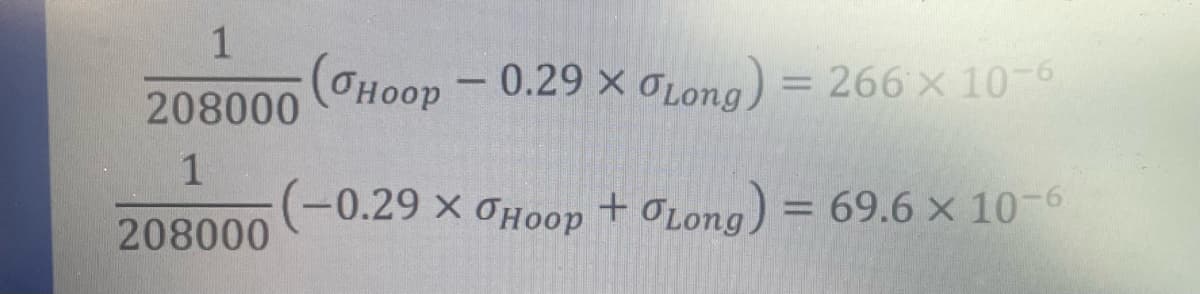1
208000 (Hoop − 0.29 X GLong ) = 266 X 10-6
1
-0.29 X ÆHoop + CLong ) = 69.6 X 10-6
208000