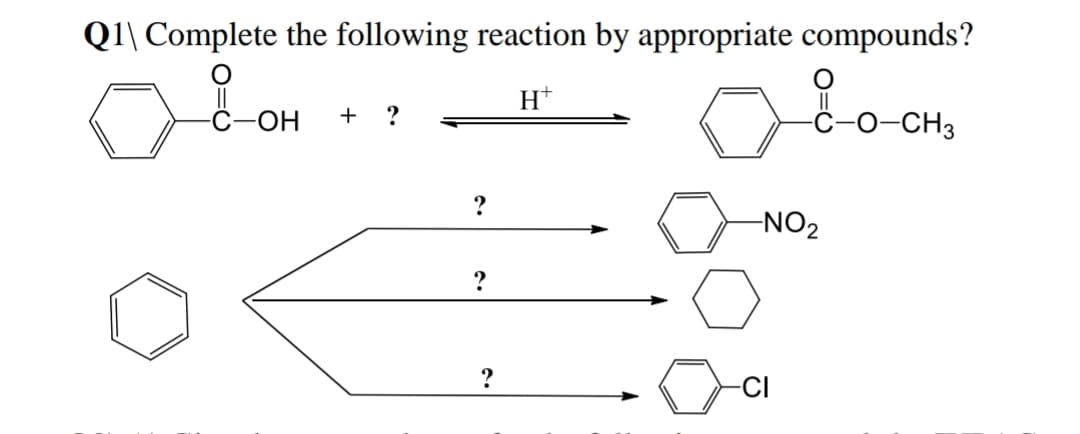 Q1\ Complete the following reaction by appropriate compounds?
H*
-C-OH
+
0-CH3
?
-NO2
?
-CI
