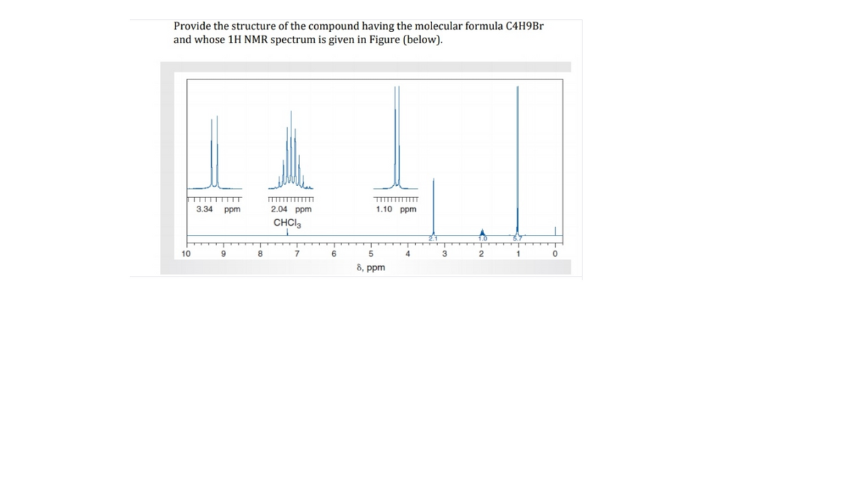 Provide the structure of the compound having the molecular formula C4H9Br
and whose 1H NMR spectrum is given in Figure (below).
3.34
ppm
2.04 ppm
1.10 ppm
CHCI3
10
8
6
4.
8, ppm

