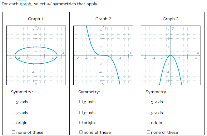For each graph, select all symmetries that apply.
Graph 1
Graph 2
Graph 3
Symmetry:
Symmetry:
Symmetry:
Ox-axis
Ox-axis
Ox-axis
Oy-axis
Oy-axis
Oy-axis
O origin
O origin
O origin
O none of these
Onone of these
O none of these
