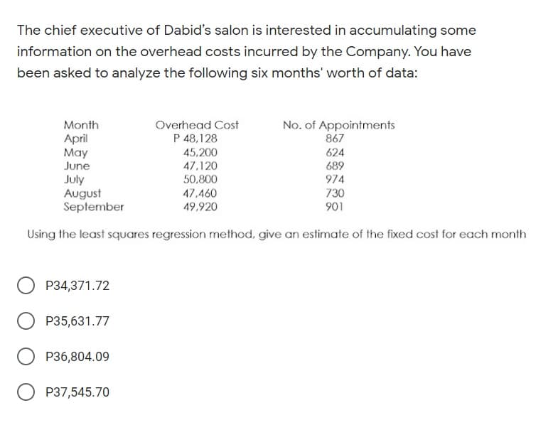 The chief executive of Dabid's salon is interested in accumulating some
information on the overhead costs incurred by the Company. You have
been asked to analyze the following six months' worth of data:
Month
Overhead Cost
No. of Appointments
867
P 48,128
April
May
June
45,200
624
47,120
689
July
August
September
50,800
974
47,460
49,920
730
901
Using the least squares regression method, give an estimate of the fixed cost for each month
P34,371.72
P35,631.77
P36,804.09
O P37,545.70
