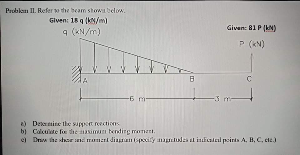 Problem II. Refer to the beam shown below.
Given: 18 q (kN/m)
Given: 81 P (kN)
9 (kN/m)
P (kN)
A
B
C
-6 m
3 m
a) Determine the support reactions.
b) Calculate for the maximum bending moment.
c) Draw the shear and moment diagram (specify magnitudes at indicated points A, B, C, etc.)

