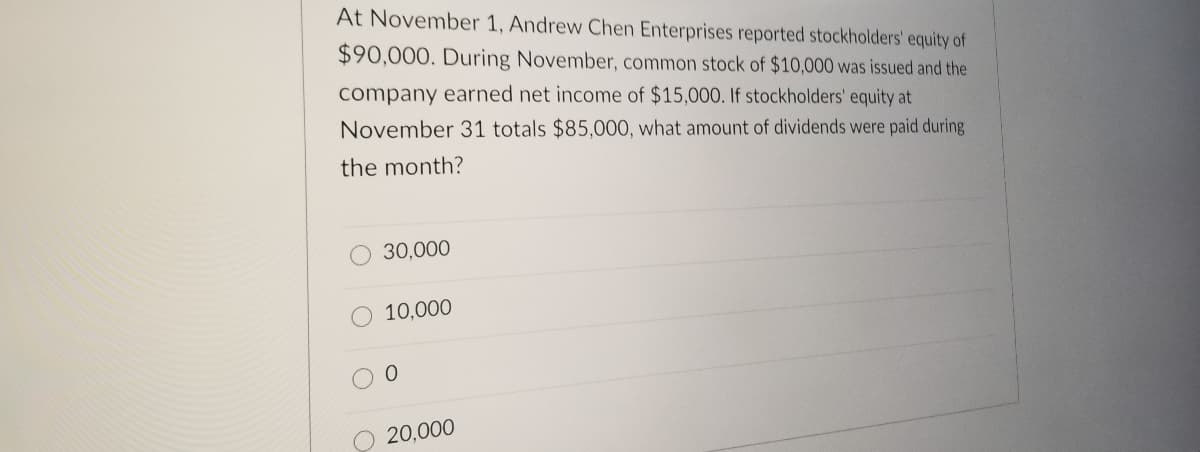 At November 1, Andrew Chen Enterprises reported stockholders' equity of
$90,000. During November, common stock of $10,000 was issued and the
company earned net income of $15,000. If stockholders' equity at
November 31 totals $85,000, what amount of dividends were paid during
the month?
30,000
10,000
20,000
