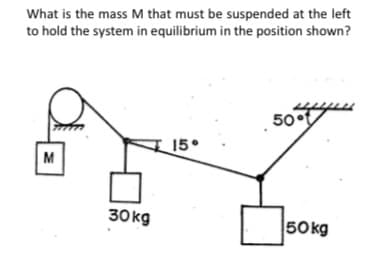 What is the mass M that must be suspended at the left
to hold the system in equilibrium in the position shown?
50
M
15°
30kg
50kg
