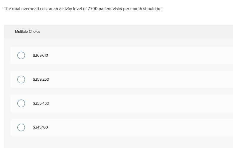 The total overhead cost at an activity level of 7,700 patient-visits per month should be:
Multiple Cholce
$269,610
$259,250
$255,460
$245,100
