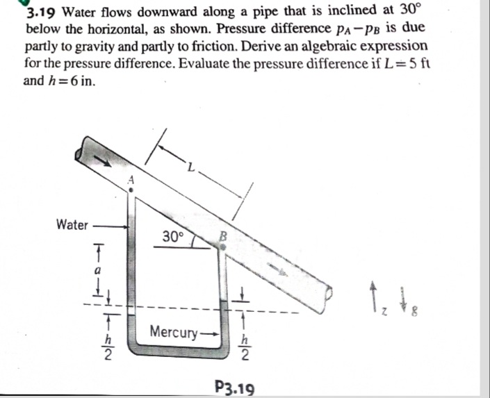 3.19 Water flows downward along a pipe that is inclined at 30°
below the horizontal, as shown. Pressure difference PA-PB is due
partly to gravity and partly to friction. Derive an algebraic expression
for the pressure difference. Evaluate the pressure difference if L=5 ft
and h=6 in.
Water
30°
Mercury
2
P3.19
1.

