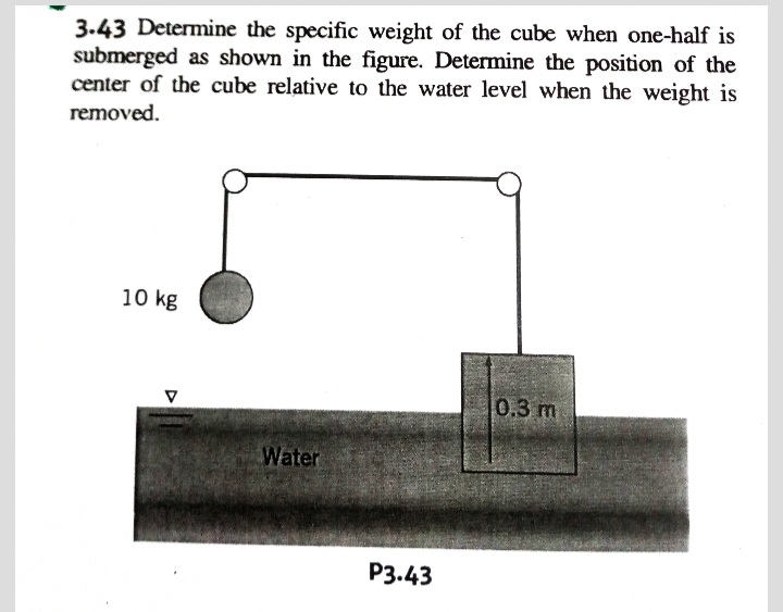 3.43 Determine the specific weight of the cube when one-half is
submerged as shown in the figure. Determine the position of the
center of the cube relative to the water level when the weight is
removed.
10 kg
0.3 m
Water
P3.43
