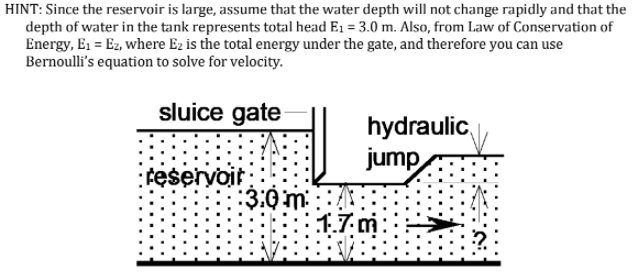 HINT: Since the reservoir is large, assume that the water depth will not change rapidly and that the
depth of water in the tank represents total head E1 = 3.0 m. Also, from Law of Conservation of
Energy, E1 = Ez, where Ez is the total energy under the gate, and therefore you can use
Bernoulli's equation to solve for velocity.
sluice gate
hydraulic
jump
teservoir
:3:0m
1.7m
