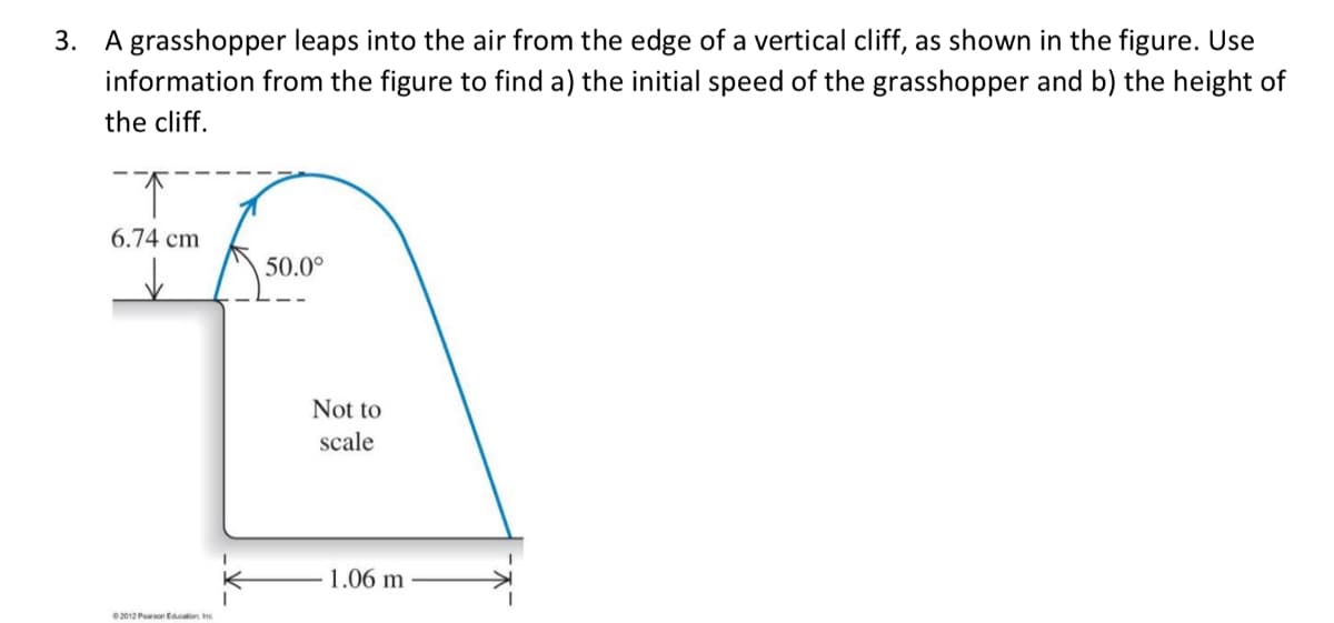 3. A grasshopper leaps into the air from the edge of a vertical cliff, as shown in the figure. Use
information from the figure to find a) the initial speed of the grasshopper and b) the height of
the cliff.
6.74 cm
50.0°
Not to
scale
1.06 m
2012 Peon Edcon n
