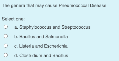 The genera that may cause Pneumococcal Disease
Select one:
a. Staphylococcus and Streptococcus
O b. Bacillus and Salmonella
c. Listeria and Escherichia
d. Clostridium and Bacillus
