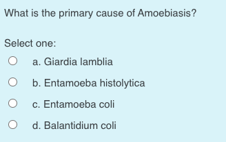 What is the primary cause of Amoebiasis?
Select one:
O a. Giardia lamblia
O b. Entamoeba histolytica
c. Entamoeba coli
d. Balantidium coli
