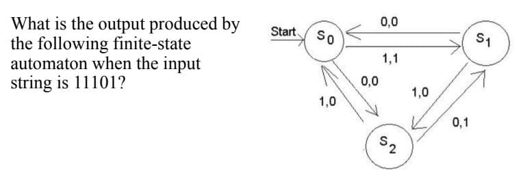 0,0
What is the output produced by
the following finite-state
automaton when the input
string is 11101?
Start.
So
S1
1,1
0,0
1,0
1,0
0,1
S2
