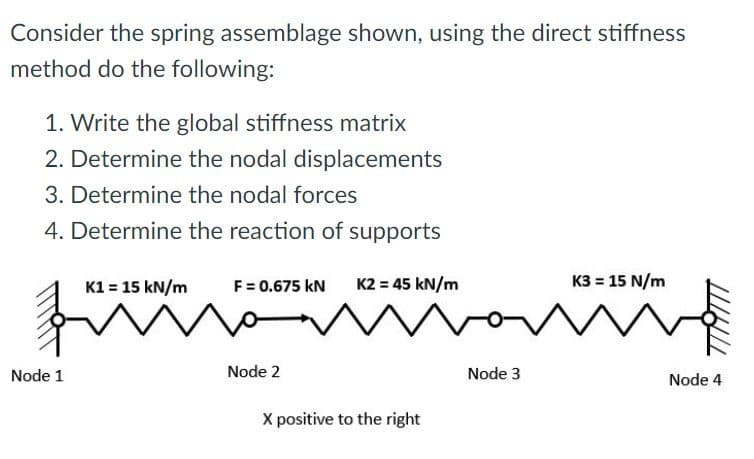 Consider the spring assemblage shown, using the direct stiffness
method do the following:
1. Write the global stiffness matrix
2. Determine the nodal displacements
3. Determine the nodal forces
4. Determine the reaction of supports
K1 = 15 kN/m
f
Node 1
F = 0.675 kN K2 = 45 kN/m
No
Node 2
X positive to the right
vov
Node 3
K3 = 15 N/m
Node 4