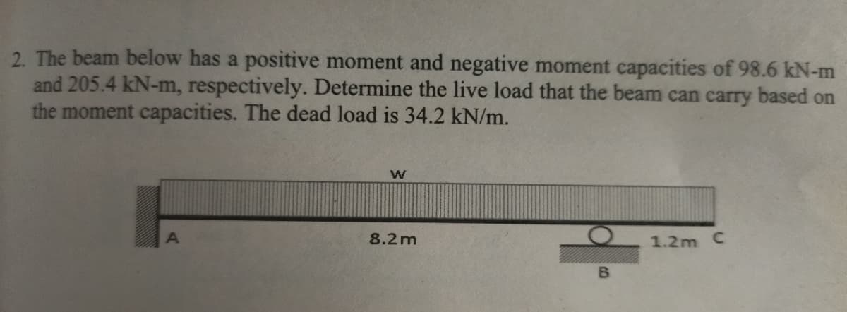 2. The beam below has a positive moment and negative moment capacities of 98.6 kN-m
and 205.4 kN-m, respectively. Determine the live load that the beam can carry based on
the moment capacities. The dead load is 34.2 kN/m.
8.2m
1.2m C
B.
