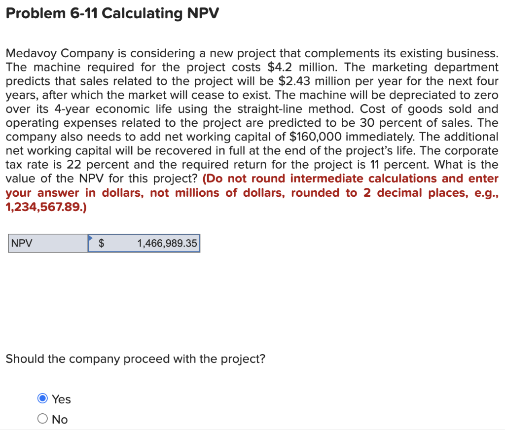 Problem 6-11 Calculating NPV
Medavoy Company is considering a new project that complements its existing business.
The machine required for the project costs $4.2 million. The marketing department
predicts that sales related to the project will be $2.43 million per year for the next four
years, after which the market will cease to exist. The machine will be depreciated to zero
over its 4-year economic life using the straight-line method. Cost of goods sold and
operating expenses related to the project are predicted to be 30 percent of sales. The
company also needs to add net working capital of $160,000 immediately. The additional
net working capital will be recovered in full at the end of the project's life. The corporate
tax rate is 22 percent and the required return for the project is 11 percent. What is the
value of the NPV for this project? (Do not round intermediate calculations and enter
your answer in dollars, not millions of dollars, rounded to 2 decimal places, e.g.,
1,234,567.89.)
NPV
$
O Yes
O No
1,466,989.35
Should the company proceed with the project?