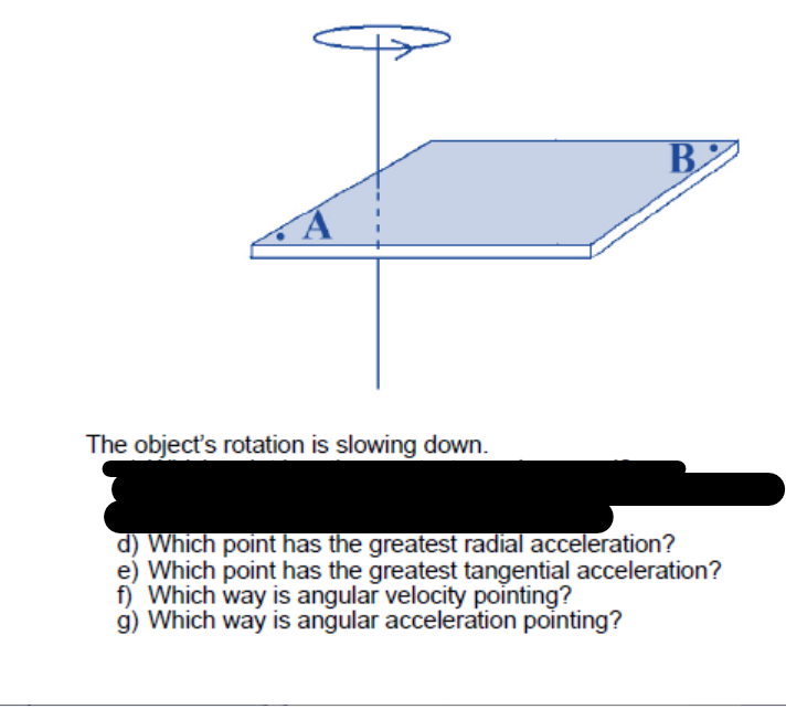 B.
The object's rotation is slowing down.
d) Which point has the greatest radial acceleration?
e) Which point has the greatest tangential acceleration?
f) Which way is angular velocity pointing?
g) Which way is angular acceleration pointing?
