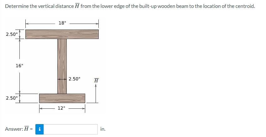 Determine the vertical distance H from the lower edge of the built-up wooden beam to the location of the centroid.
2.50"
16"
2.50"
Answer: H
=
i
18"
12"
2.50"
H
in.