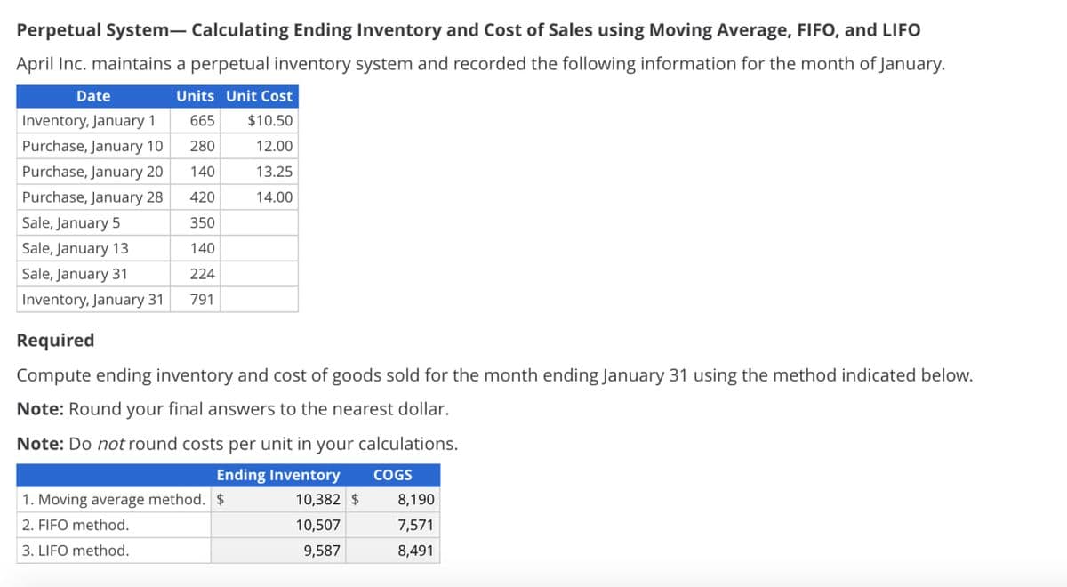 Perpetual System- Calculating Ending Inventory and Cost of Sales using Moving Average, FIFO, and LIFO
April Inc. maintains a perpetual inventory system and recorded the following information for the month of January.
Units Unit Cost
665
$10.50
280
12.00
140
13.25
14.00
Date
Inventory, January 1
Purchase, January 10
Purchase, January 20
Purchase, January 28
Sale, January 5
Sale, January 13
Sale, January 31
Inventory, January 31
420
350
140
224
791
Required
Compute ending inventory and cost of goods sold for the month ending January 31 using the method indicated below.
Note: Round your final answers to the nearest dollar.
Note: Do not round costs per unit in your calculations.
Ending Inventory COGS
10,382 $
10,507
9,587
1. Moving average method. $
2. FIFO method.
3. LIFO method.
8,190
7,571
8,491