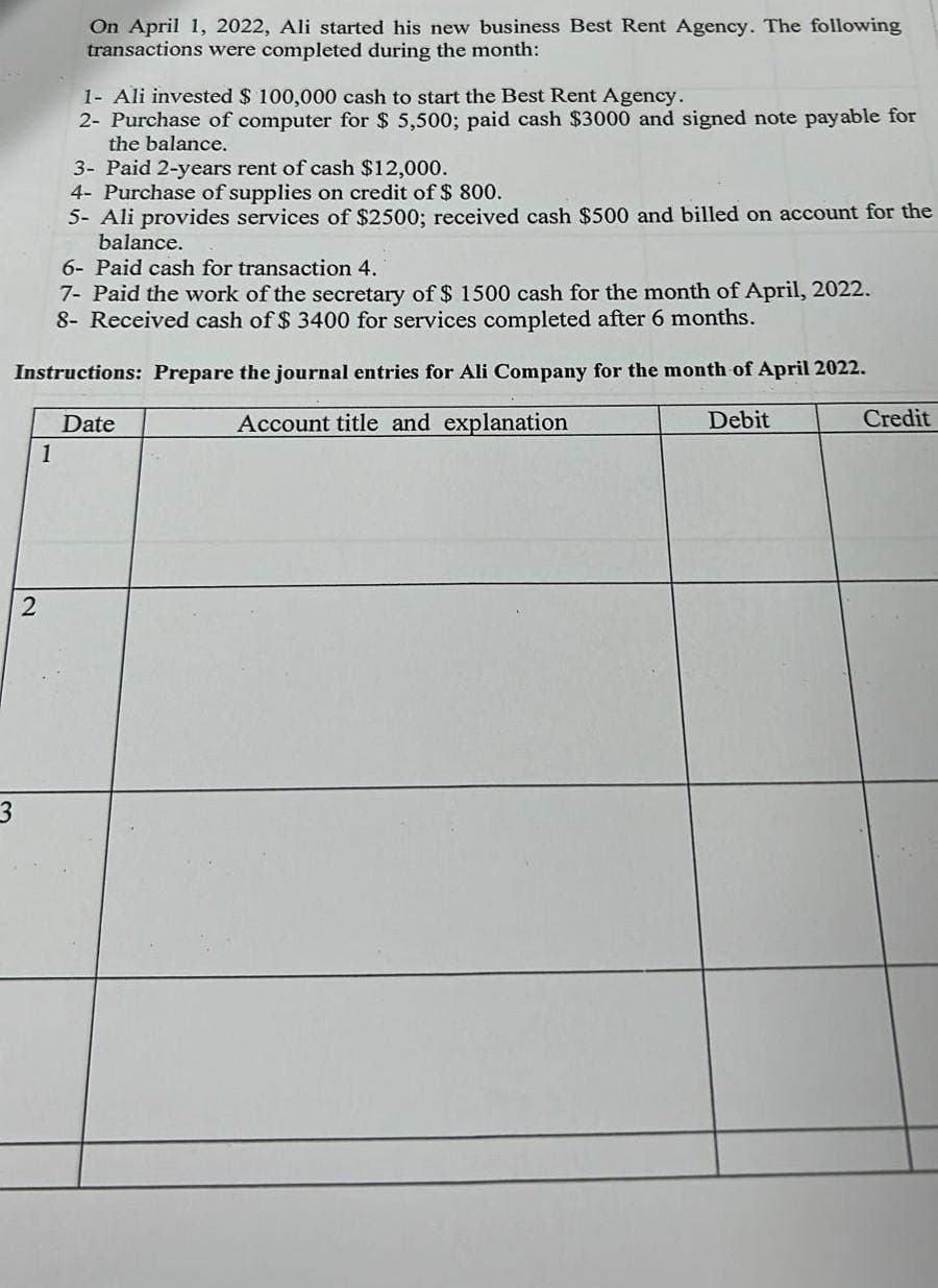 3
6- Paid cash for transaction 4.
7- Paid the work of the secretary of $ 1500 cash for the month of April, 2022.
8- Received cash of $ 3400 for services completed after 6 months.
Instructions: Prepare the journal entries for Ali Company for the month of April 2022.
Debit
Date
Account title and explanation
2
On April 1, 2022, Ali started his new business Best Rent Agency. The following
transactions were completed during the month:
1
1- Ali invested $ 100,000 cash to start the Best Rent Agency.
2- Purchase of computer for $ 5,500; paid cash $3000 and signed note payable for
the balance.
3- Paid 2-years rent of cash $12,000.
4- Purchase of supplies on credit of $ 800.
5- Ali provides services of $2500; received cash $500 and billed on account for the
balance.
Credit