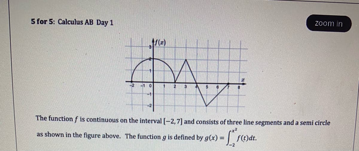 5 for 5: Calculus AB Day 1
Zoom in
2
3
5
6
The function f is continuous on the interval [-2,7] and consists of three line segments and a semi circle
as shown in the figure above. The functiong is defined by g(x) =
f()dt.
