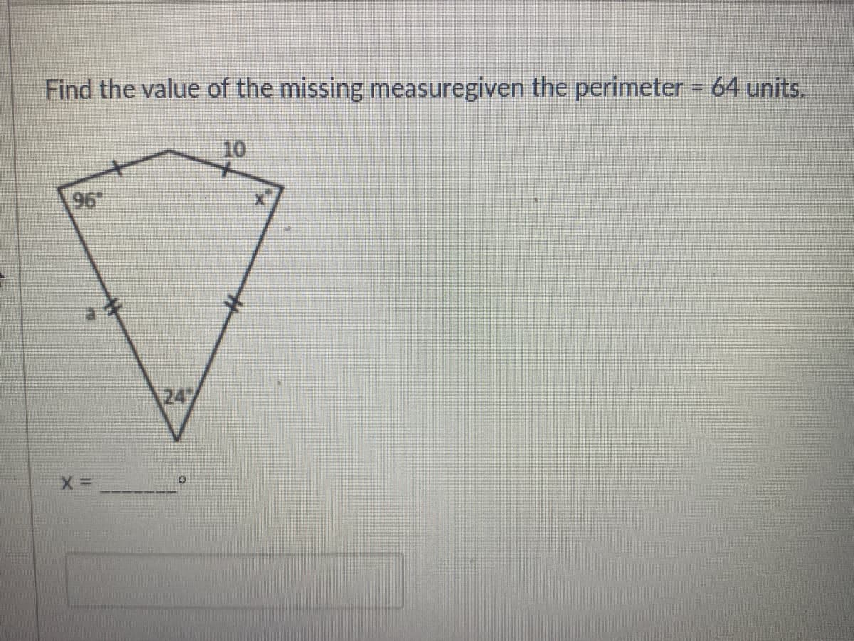 Find the value of the missing measuregiven the perimeter = 64 units.
%3D
10
96
24
