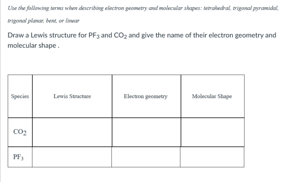 Use the following terms when describing electron geometry and molecular shapes: tetrahedral, trigonal pyramidal,
trigonal planar, bent, or linear
Draw a Lewis structure for PF3 and CO2 and give the name of their electron geometry and
molecular shape .
Species
Lewis Structure
Electron geometry
Molecular Shape
CO2
PF3
