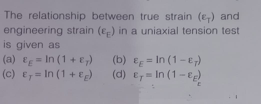 The relationship between true strain (ɛ-) and
engineering strain (ɛ) in a uniaxial tension test
is given as
(a) & = In (1 + &7)
(c) &7= In (1+ E)
(b) ɛg = In (1- E)
(d)= in (1- E)
%3D
%3D

