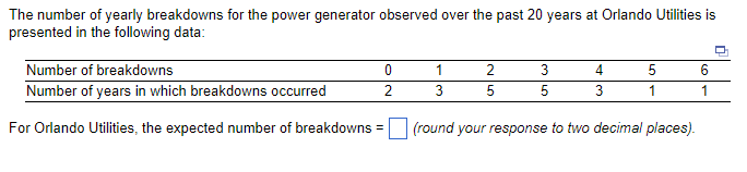 The number of yearly breakdowns for the power generator observed over the past 20 years at Orlando Utilities is
presented in the following data:
Number of breakdowns
Number of years in which breakdowns occurred
For Orlando Utilities, the expected number of breakdowns (round your response to two decimal places).
0
2
=
1
3
2
5
3
5
4
3
5
1
6
1
D