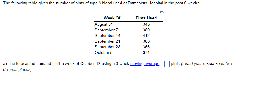 The following table gives the number of pints of type A blood used at Damascus Hospital in the past 6 weeks:
Week Of
August 31
September 7
September 14
September 21
September 28
October 5
Pints Used
345
389
412
383
366
371
a) The forecasted demand for the week of October 12 using a 3-week moving average
decimal places).
pints (round your response to two