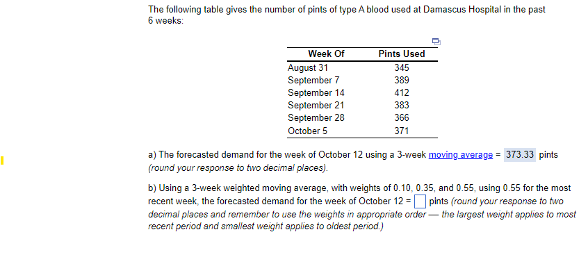 I
The following table gives the number of pints of type A blood used at Damascus Hospital in the past
6 weeks:
Week Of
August 31
September 7
September 14
September 21
September 28
October 5
Pints Used
345
389
412
383
366
371
a) The forecasted demand for the week of October 12 using a 3-week moving average = 373.33 pints
(round your response to two decimal places).
b) Using a 3-week weighted moving average, with weights of 0.10, 0.35, and 0.55, using 0.55 for the most
recent week, the forecasted demand for the week of October 12 = pints (round your response to two
decimal places and remember to use the weights in appropriate order
recent period and smallest weight applies to oldest period.)
the largest weight applies to most