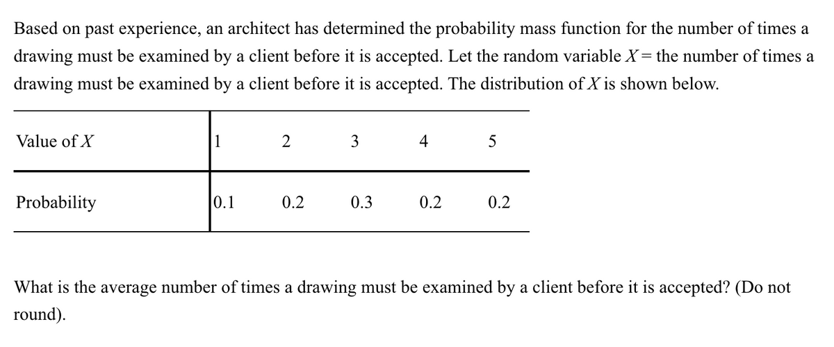 Based on past experience, an architect has determined the probability mass function for the number of times a
drawing must be examined by a client before it is accepted. Let the random variable X= the number of times a
drawing must be examined by a client before it is accepted. The distribution of X is shown below.
Value of X
2
3
4
5
Probability
0.1
0.2
0.3
0.2
0.2
What is the average number of times a drawing must be examined by a client before it is accepted? (Do not
round).
