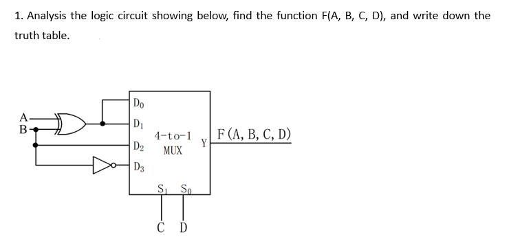 1. Analysis the logic circuit showing below, find the function F(A, B, C, D), and write down the
truth table.
Do
A-
В
D1
4-to-1
D2
F (A, В, С, D)
Y
MUX
D3
S So
