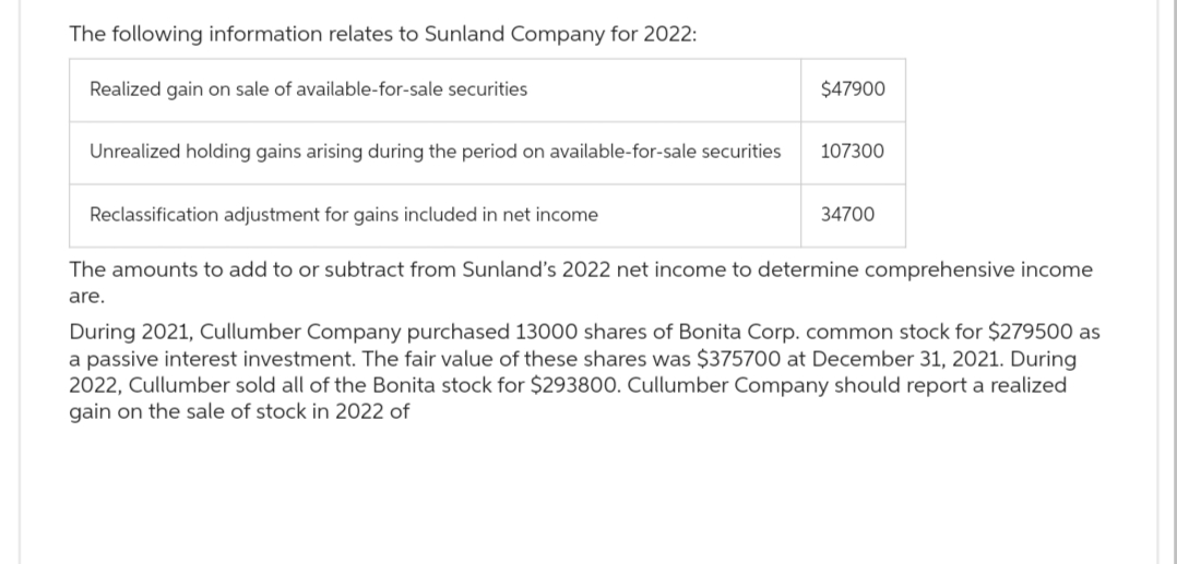 The following information relates to Sunland Company for 2022:
Realized gain on sale of available-for-sale securities
Unrealized holding gains arising during the period on available-for-sale securities
$47900
107300
Reclassification adjustment for gains included in net income
The amounts to add to or subtract from Sunland's 2022 net income to determine comprehensive income
are.
34700
During 2021, Cullumber Company purchased 13000 shares of Bonita Corp. common stock for $279500 as
a passive interest investment. The fair value of these shares was $375700 at December 31, 2021. During
2022, Cullumber sold all of the Bonita stock for $293800. Cullumber Company should report a realized
gain on the sale of stock in 2022 of