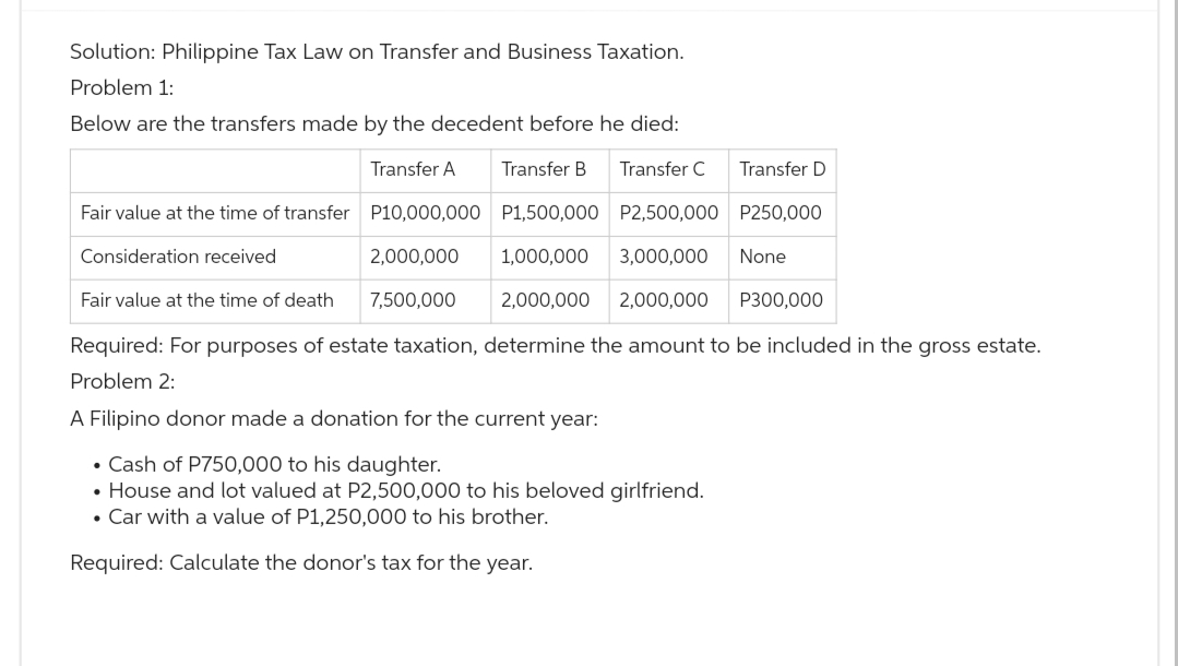 Solution: Philippine Tax Law on Transfer and Business Taxation.
Problem 1:
Below are the transfers made by the decedent before he died:
Transfer A
Transfer B Transfer C Transfer D
Fair value at the time of transfer P10,000,000
P1,500,000 P2,500,000 P250,000
Consideration received
2,000,000 1,000,000 3,000,000 None
7,500,000 2,000,000 2,000,000
Fair value at the time of death
Required: For purposes of estate taxation, determine the amount to be included in the gross estate.
Problem 2:
A Filipino donor made a donation for the current year:
• Cash of P750,000 to his daughter.
• House and lot valued at P2,500,000 to his beloved girlfriend.
• Car with a value of P1,250,000 to his brother.
Required: Calculate the donor's tax for the year.
P300,000