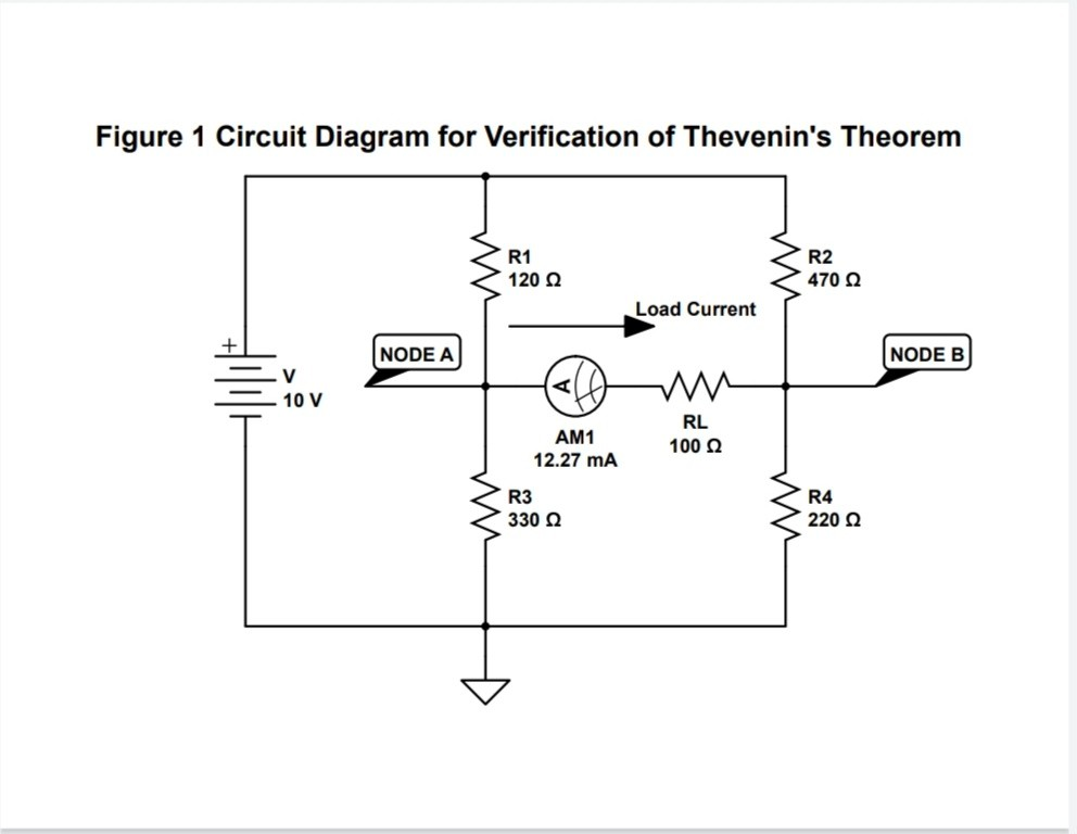 Figure 1 Circuit Diagram for Verification of Thevenin's Theorem
R1
120 0
R2
470 2
Load Current
NODE A
NODE B
10 V
RL
AM1
100 2
12.27 mA
R3
330 0
R4
220 2
