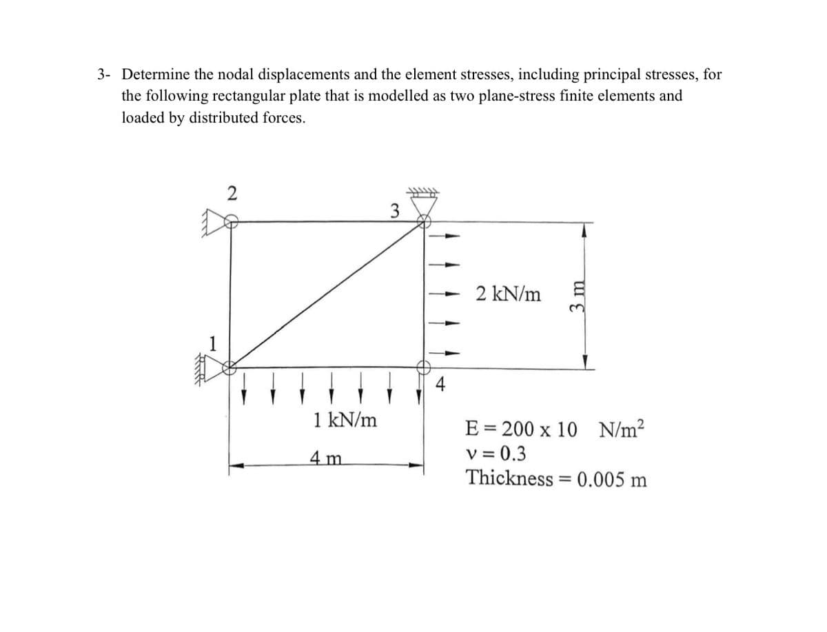 3- Determine the nodal displacements and the element stresses, including principal stresses, for
the following rectangular plate that is modelled as two plane-stress finite elements and
loaded by distributed forces.
2
3
2 kN/m
1 kN/m
E = 200 x 10
N/m²
4m
v = 0.3
Thickness 0.005 m