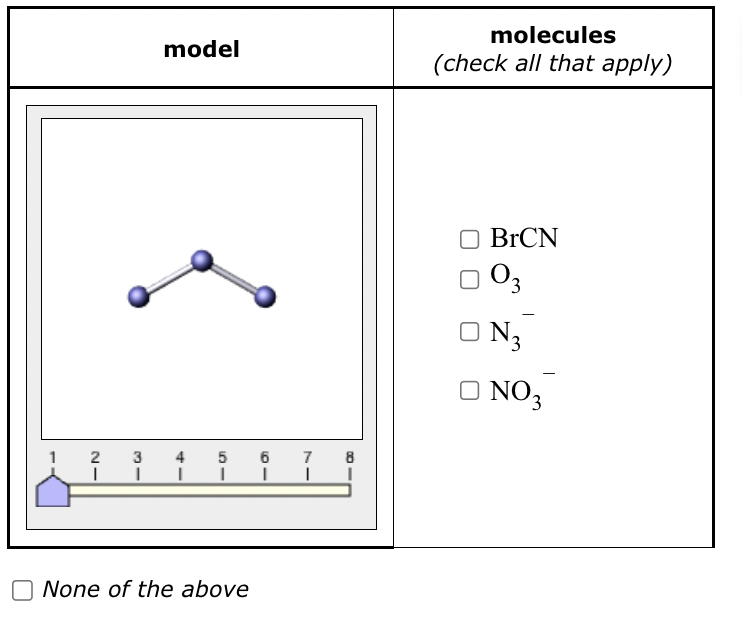 model
2
3
4
I I I
5 6
I
I
None of the above
7
|
molecules
(check all that apply)
BrCN
003
ON3
□NO3