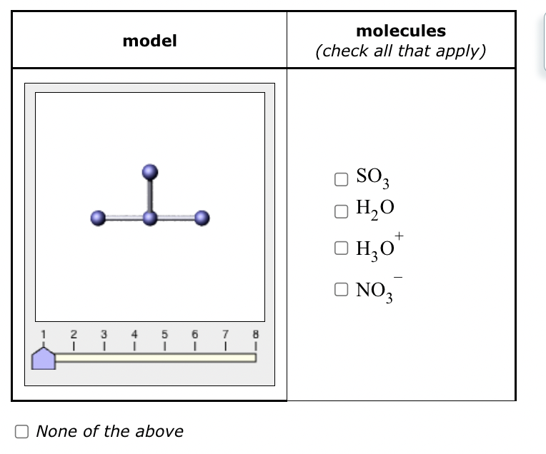 model
. .
2
3
4 5
I I I I
None of the above
6 7 8
I
I
molecules
(check all that apply)
SO 3
H₂O
□H₂O*
□ NO3
+