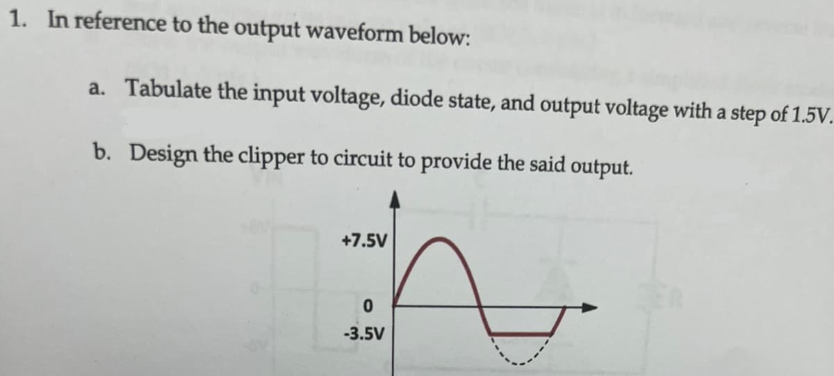 1. In reference to the output waveform below:
a. Tabulate the input voltage, diode state, and output voltage with a step of 1.5V.
b. Design the clipper to circuit to provide the said output.
+7.5V
0
-3.5V