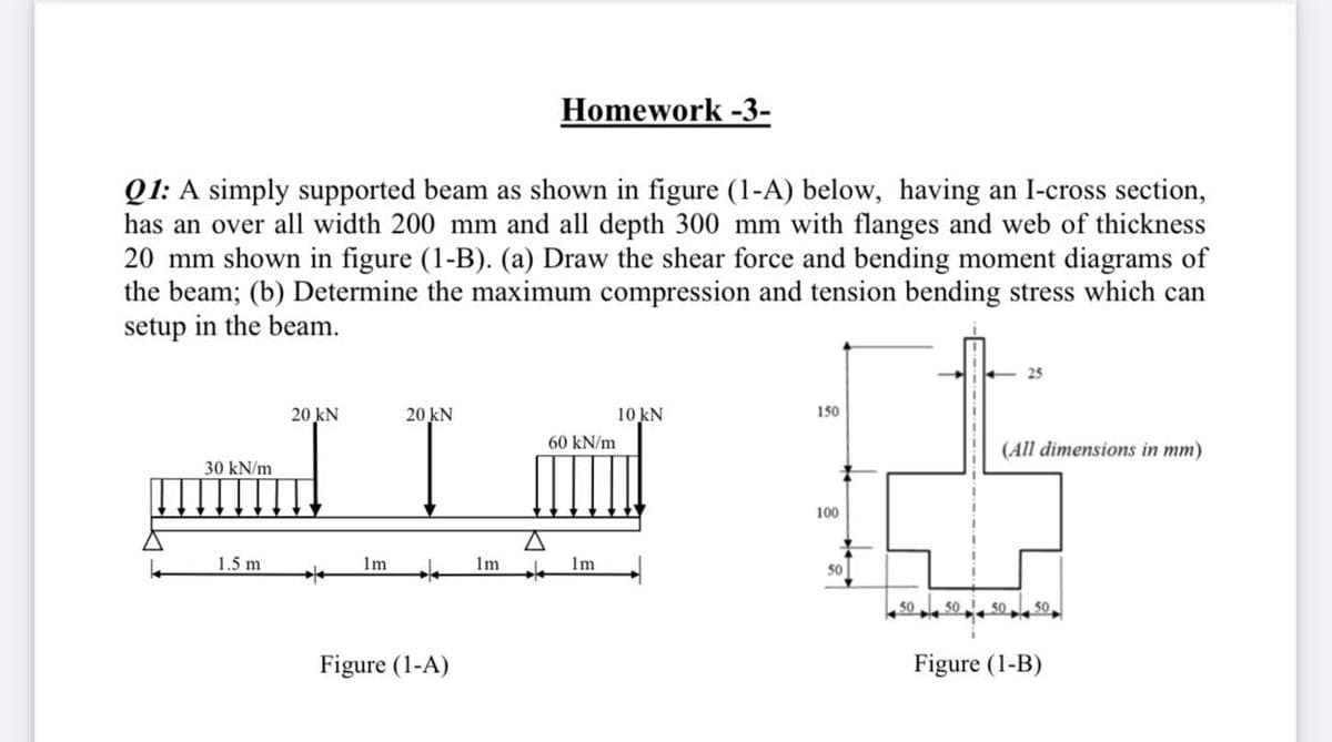 Homework -3-
Q1: A simply supported beam as shown in figure (1-A) below, having an I-cross section,
has an over all width 200 mm and all depth 300 mm with flanges and web of thickness
20 mm shown in figure (1-B). (a) Draw the shear force and bending moment diagrams of
the beam; (b) Determine the maximum compression and tension bending stress which can
setup in the beam.
25
20 kN
20 kN
10 kN
150
60 kN/m
(All dimensions in mm)
30 kN/m
100
1.5 m
lm
Im
1m
50
50
50
Figure (1-A)
Figure (1-B)
