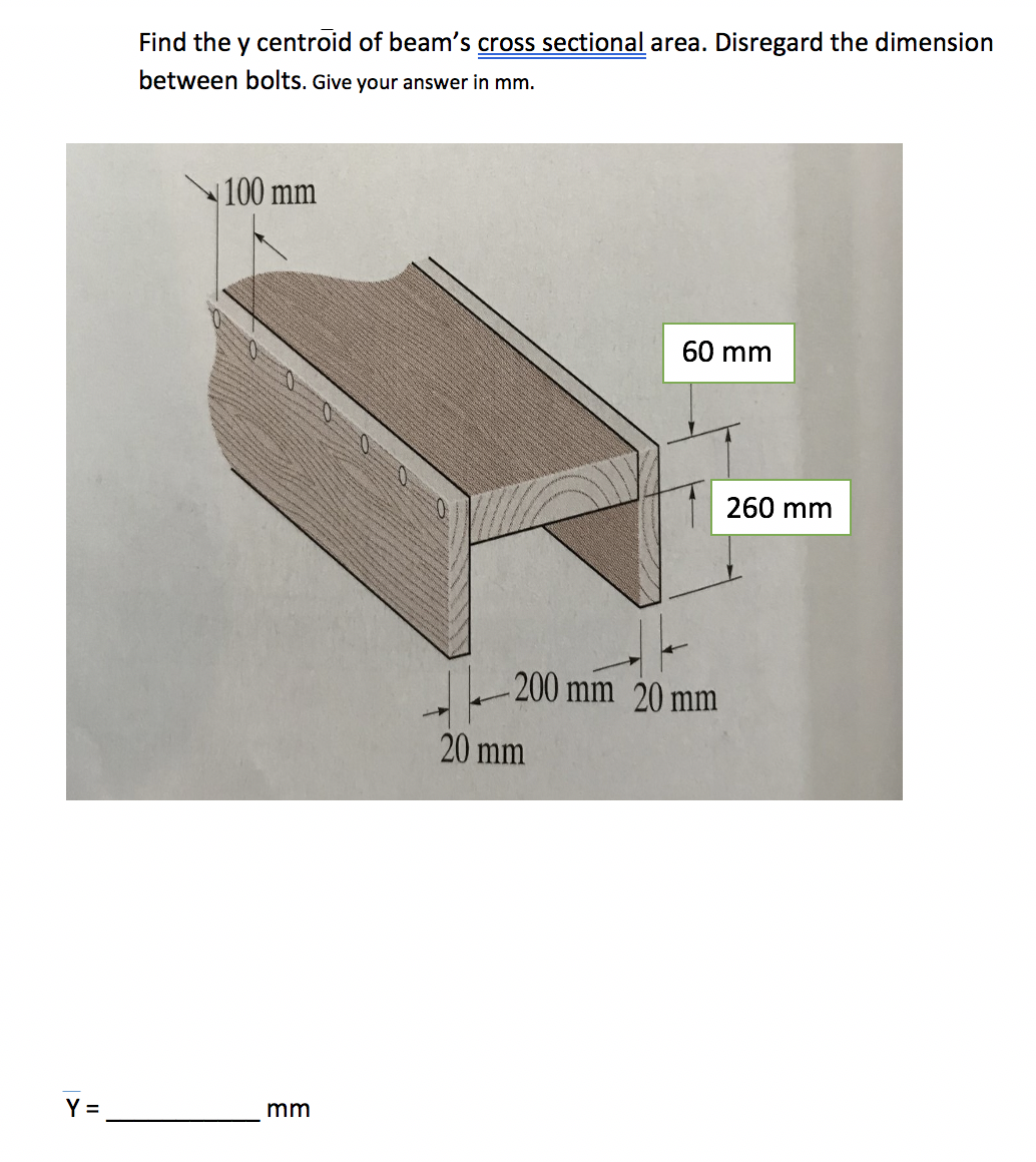 Find the y centroid of beam's cross sectionalarea. Disregard the dimension
between bolts. Give your answer in mm.
100 mm
60 mm
260 mm
J200 mm 20 mm
20 mm
Y =
mm
