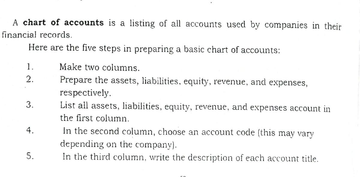 A chart of accounts is a listing of all accounts used by companies in their
financial records.
Here are the five steps in preparing a basic chart of accounts:
1.
Make two columns.
Prepare the assets, liabilities, equity, revenue, and expenses,
respectively.
List all assets, liabilities, equity, revenue, and expenses account in
2.
the first column.
In the second column, choose an account code (this may vary
depending on the company).
In the third column, write the description of each account title.
3.
4.
5.
