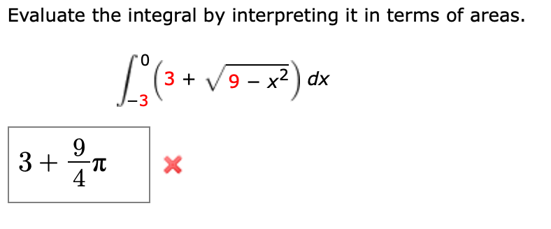 Evaluate the integral by interpreting it in terms of areas.
0.
9 - x2 ) dx
-3
9
3 +
4

