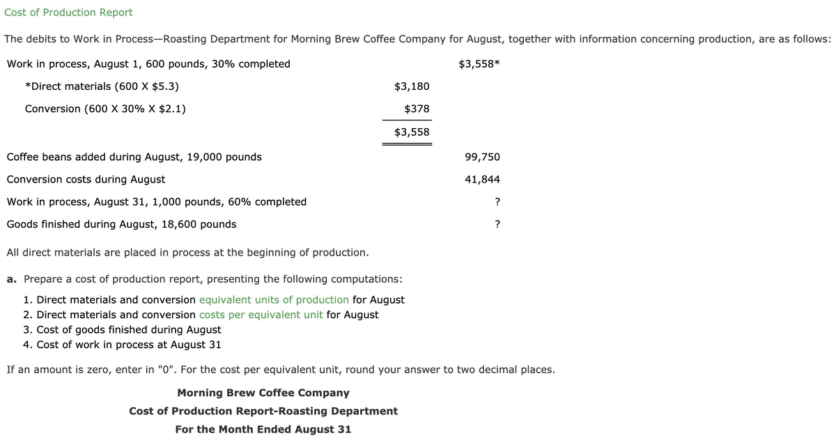 Cost of Production Report
The debits to Work in Process-Roasting Department for Morning Brew Coffee Company for August, together with information concerning production, are as follows:
Work in process, August 1, 600 pounds, 30% completed
$3,558*
*Direct materials (600 X $5.3)
$3,180
Conversion (600 X 30% X $2.1)
$378
$3,558
Coffee beans added during August, 19,000 pounds
99,750
Conversion costs during August
41,844
Work in process, August 31, 1,000 pounds, 60% completed
?
Goods finished during August, 18,600 pounds
?
All direct materials are placed in process at the beginning of production.
a. Prepare a cost of production report, presenting the following computations:
1. Direct materials and conversion equivalent units of production for August
2. Direct materials and conversion costs per equivalent unit for August
3. Cost of goods finished during August
4. Cost of work in process at August 31
If an amount is zero, enter in "0". For the cost per equivalent unit, round your answer to two decimal places.
Morning Brew Coffee Company
Cost of Production Report-Roasting Department
For the Month Ended August 31
