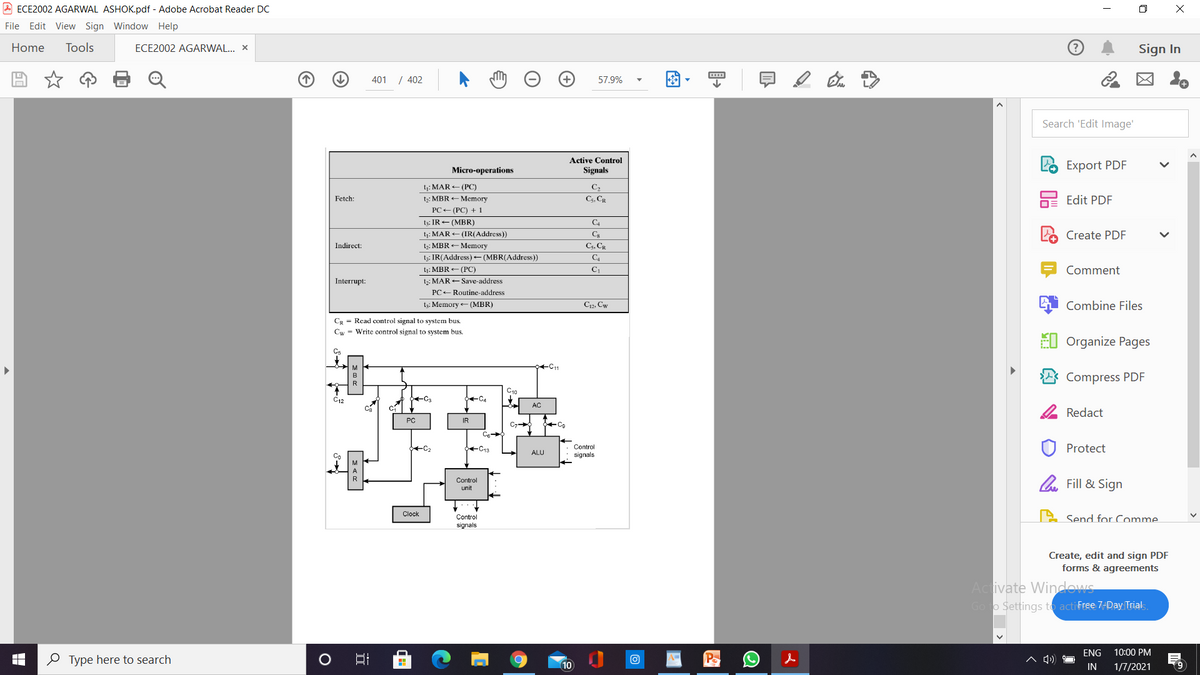 A ECE2002 AGARWAL ASHOK.pdf - Adobe Acrobat Reader DC
O X
File Edit View Sign Window Help
Home
Tools
Sign In
ECE2002 AGARWAL... X
401 / 402
57.9%
Search 'Edit Image'
Active Control
Export PDF
Micro-operations
Signals
ty: MAR - (PC)
C5, CR
2 Edit PDF
Fetch:
ty: MBR + Memory
PC+ (PC) + 1
tạ: IR- (MBR)
ty: MAR + (IR(Address))
t2: MBR - Memory
tạ: IR(Address) - (MBR(Address))
ty: MBR - (PC)
t2: MAR - Save-address
C4
Create PDF
Indirect:
C4, CR
C4
Comment
Interrupt:
PC- Routine-address
t3: Memory (MBR)
C12, Cw
Combine Files
CR = Read control signal to system bus.
Cw - Write control signal to system bus.
EI Organize Pages
C11
B
Compress PDF
C10
C12
AC
c
2 Redact
PC
IR
C7
C
Control
signals
Protect
ALU
O Fill & Sign
Control
unit
Clock
Control
signals
Send for Comme
Create, edit and sign PDF
forms & agreements
Activate Windows
Go o Settings to actiFree 7-Day Trial
ENG
10:00 PM
O Type here to search
Pa
A3D
10
IN
1/7/2021
