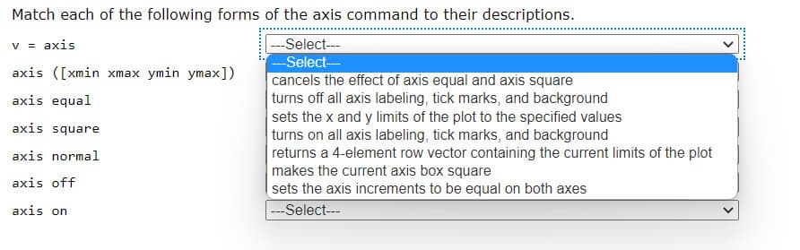 Match each of the following forms of the axis command to their descriptions.
V = axis
---Select--
--Select-
cancels the effect of axis equal and axis square
turns off all axis labeling, tick marks, and background
sets the x and y limits of the plot to the specified values
turns on all axis labeling, tick marks, and background
returns a 4-element row vector containing the current limits of the plot
makes the current axis box square
sets the axis increments to be equal on both axes
axis ([xmin xmax ymin ymax])
axis equal
axis square
axis normal
axis off
axis on
-Select---
>
