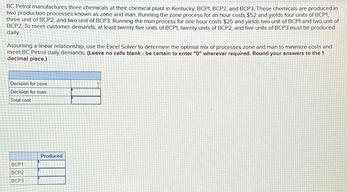 BC Petrol manufactures three chemicals at their chemical plant in Kentucky: BCP1, BCP2, and BCP3. These chemicals are produced in
two production processes known as zone and man. Running the zone process for an hour costs $52 and yields four units of BCP1,
three unit of BCP2, and two unit of BCP3. Running the man process for one hour costs $25 and yields two unit of BCP1 and two unit of
BCP2. To meet customer demands, at least twenty five units of BCP1, twenty units of BCP2, and five units of BCP3 must be produced
daily.
Assuming a linear relationship, use the Excel Solver to determine the optimal mix of processes zone and man to minimize costs and
meet BC Petrol daily demands. (Leave no cells blank - be certain to enter "0" wherever required. Round your answers to the 1
decimal place.)
Decision for zone
Decision for man
Total cost
BCP1
BCP2
BCP3
Produced