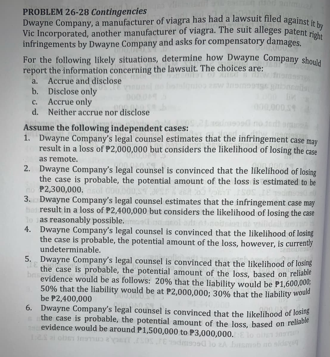 Dwayne Company, a manufacturer of viagra has had a lawsuit filed against it by
Vic Incorporated, another manufacturer of viagra. The suit alleges patent right
PROBLEM 26-28 Contingencies
infringements by Dwayne Company and asks for compensatory damages.
For the following likely situations, determine how Dwayne Company should
report the information concerning the lawsuit. The choices are:
a.
Accrue and disclose
b. Disclose only
Accrue only
d. Neither accrue nor disclose
combrere
1000 iM
000,000,S9
С.
000
Assume the following independent cases:
1. Dwayne Company's legal counsel estimates that the infringement case may
result in a loss of P2,000,000 but considers the likelihood of losing the case
as remote.
2. Dwayne Company's legal counsel is convinced that the likelihood of losing
the case is probable, the potential amount of the loss is estimated to be
no P2,300,000.
3. Dwayne Company's legal counsel estimates that the infringement case may
bad result in a loss of P2,400,000 but considers the likelihood of losing the case
lo as reasonably possible. re
4. Dwayne Company's legal counsel is convinced that the likelihood of losing
the case is probable, the potential amount of the loss, however, is currently
undeterminable.
5. Dwayne Company's legal counsel is convinced that the likelihood of losing
the case is probable, the potential amount of the loss, based on reliable
bas
evidence would be as follows: 20% that the liability would be P1,600,000,
50% that the liability would be at P2,000,000; 30% that the liability would
be P2,400,000
6. Dwayne Company's legal counsel is convinced that the likelihood of losing
000
the case is probable, the potential amount of the loss, based on rellabe
evidence would be around P1,500,000 to P3,000,000.
291
1:2.5 ai ober insm IT
pe lo 2A basmob no sldsys
