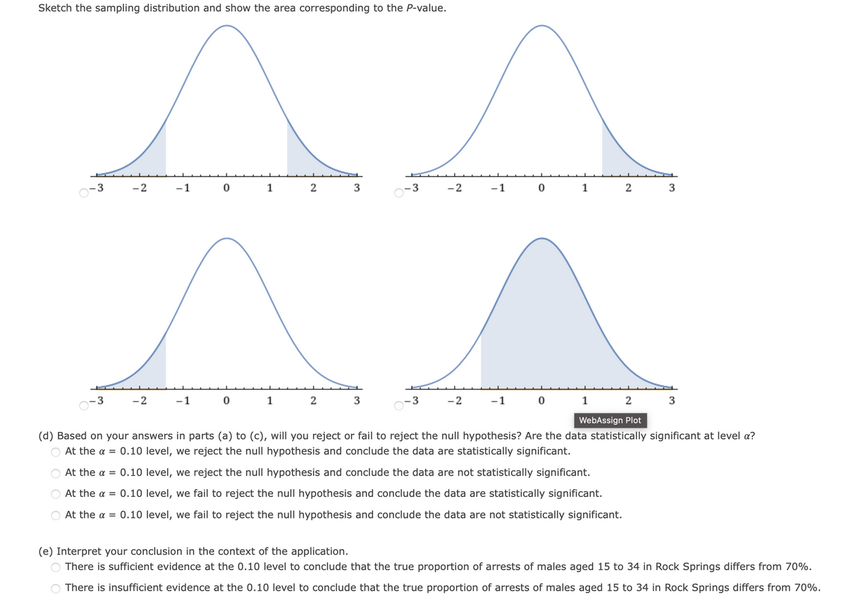 Sketch the sampling distribution and show the area corresponding to the P-value.
3
-2
-1
-2
-1
3
-2
-1
1
3
-3
-2
-1
1
2
3
WebAssign Plot
(d) Based on your answers in parts (a) to (c), will you reject or fail to reject the null hypothesis? Are the data statistically significant at level a?
At the a = 0.10 level, we reject the null hypothesis and conclude the data are statistically significant.
At the a = 0.10 level, we reject the null hypothesis and conclude the data are not statistically significant.
At the a = 0.10 level, we fail to reject the null hypothesis and conclude the data are statistically significant.
At the a = 0.10 level, we fail to reject the null hypothesis and conclude the data are not statistically significant.
(e) Interpret your conclusion in the context of the application.
There is sufficient evidence at the 0.10 level to conclude that the true proportion of arrests of males aged 15 to 34 in Rock Springs differs from 70%.
There is insufficient evidence at the 0.10 level to conclude that the true proportion of arrests of males aged 15 to 34 in Rock Springs differs from 70%.
3.
3.
