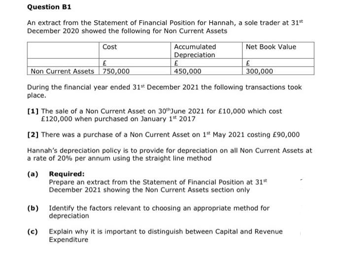 Question B1
An extract from the Statement of Financial Position for Hannah, a sole trader at 31st
December 2020 showed the following for Non Current Assets
Cost
£
750,000
Accumulated
Depreciation
£
450,000
(c)
Net Book Value
£
300,000
Non Current Assets
During the financial year ended 31st December 2021 the following transactions took
place.
[1] The sale of a Non Current Asset on 30th June 2021 for £10,000 which cost
£120,000 when purchased on January 1st 2017
[2] There was a purchase of a Non Current Asset on 1st May 2021 costing £90,000
Hannah's depreciation policy is to provide for depreciation on all Non Current Assets at
a rate of 20% per annum using the straight line method
(a)
Required:
Prepare an extract from the Statement of Financial Position at 31st
December 2021 showing the Non Current Assets section only
(b) Identify the factors relevant to choosing an appropriate method for
depreciation
Explain why it is important to distinguish between Capital and Revenue
Expenditure